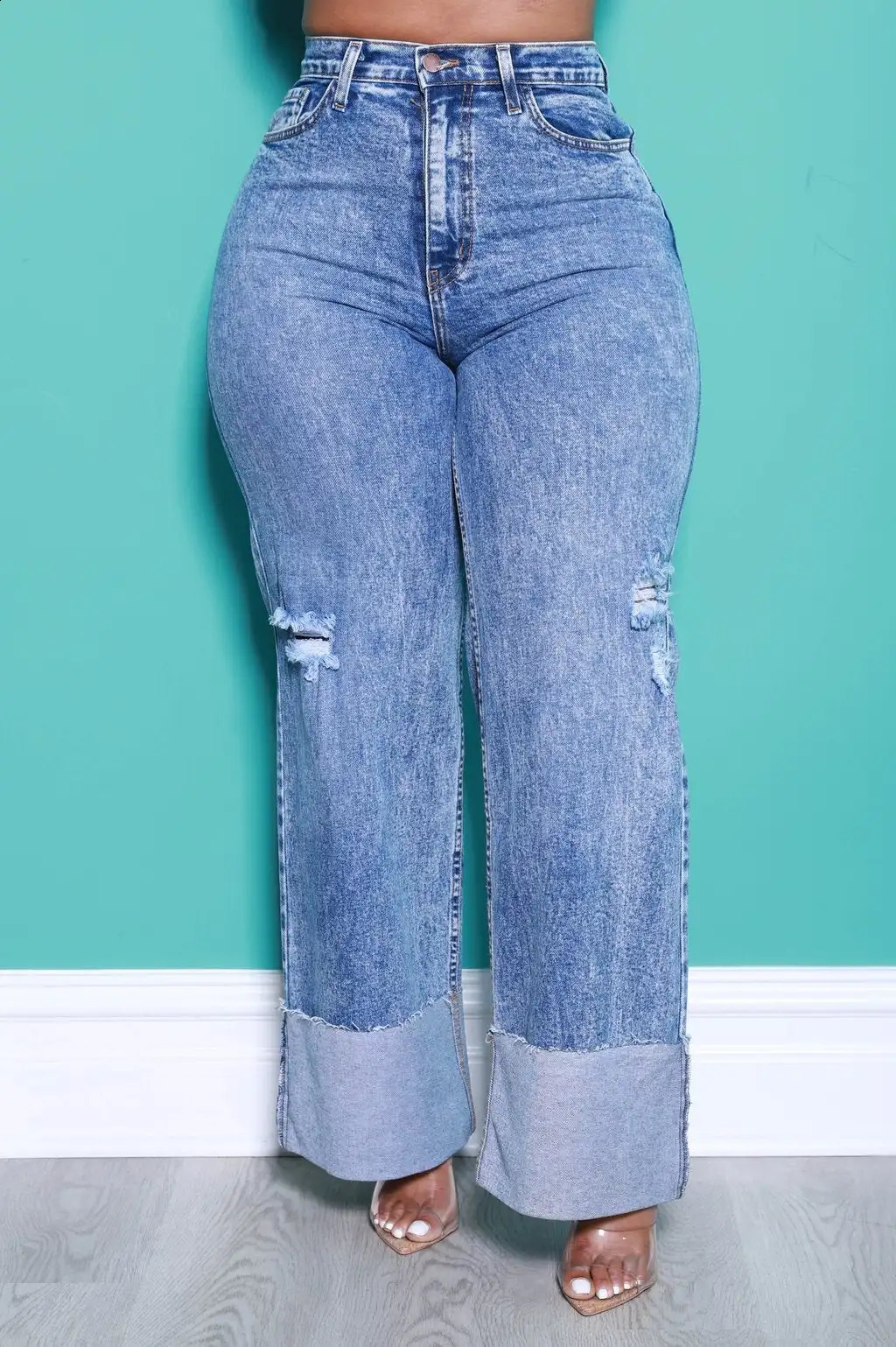 Plus Size Casual Denim Hollowed Out Wide Leg Pants Ripped Jeans 250319