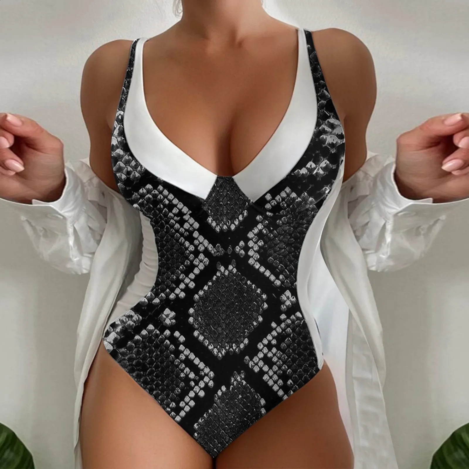 Womens One Piece Swimsuit Deep V Printed Color Matching Swimsuits Swimwear Monokini Bodysuit Summer Fashion Beachwear 250319