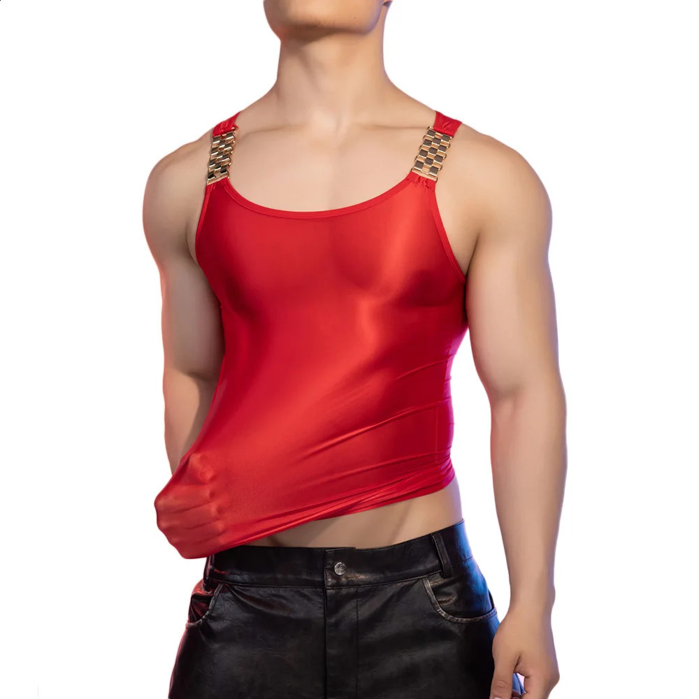 Sexy mens shiny oil tank top dyed smooth waistband transparent fashionable high elasticity sleeveless shirt 250319