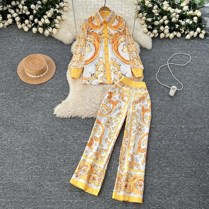 Womens Fashion Print Shirt Top High Waisted Wide Leg Pants Spring Autumn Vintage Long Sleeve 2 Piece Sets A236 250317