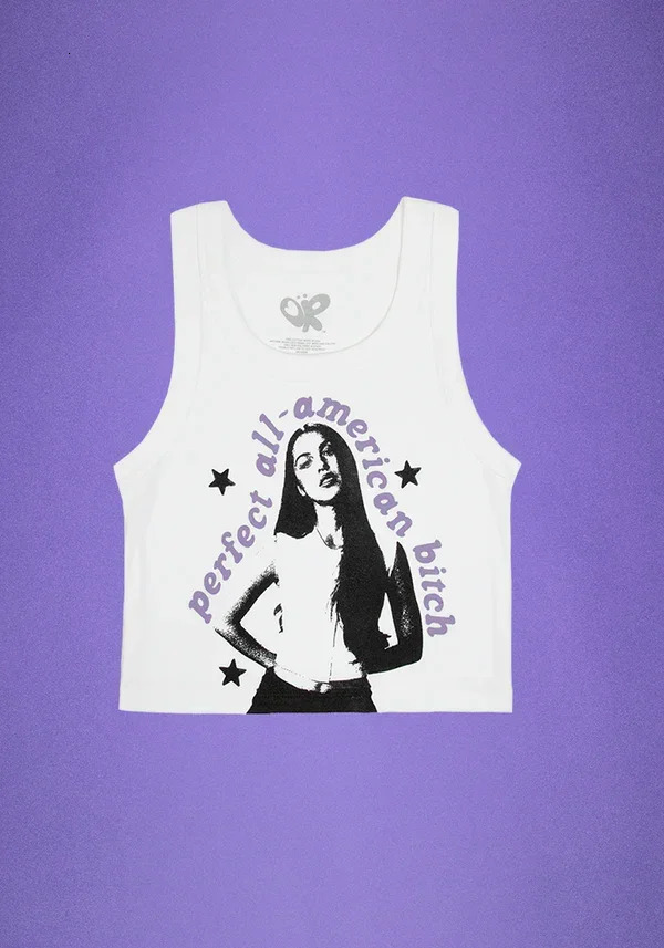 Olivia Samepeerfect All American Bitch Crop Can White Sweet Spice Girl Tank Top Small Strap Womens Short 250320
