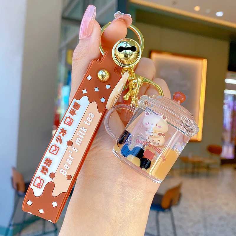 Cute Oil Pearl Milk Tea Bear Floating Liquid Keychain Bag Pendant Cartoon Cup Beverage Bottle Keychain Girl Keychain Gift 2023XJ250319
