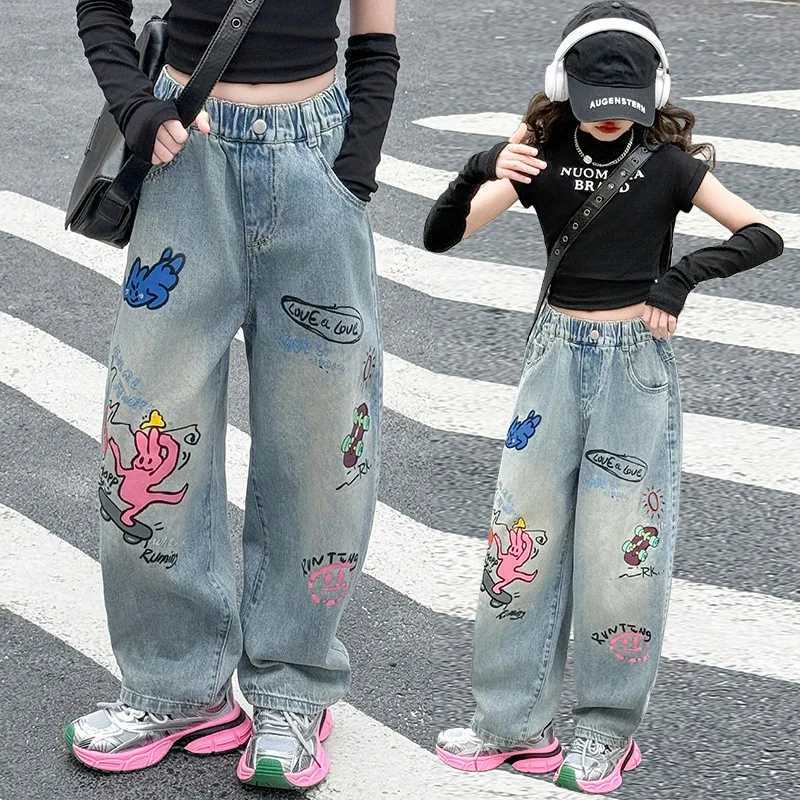 Spring and autumn new cartoon printing loose fitting teenage girls jeans girls summer design wide leg pants children Trouser 5-14 years oldT250326
