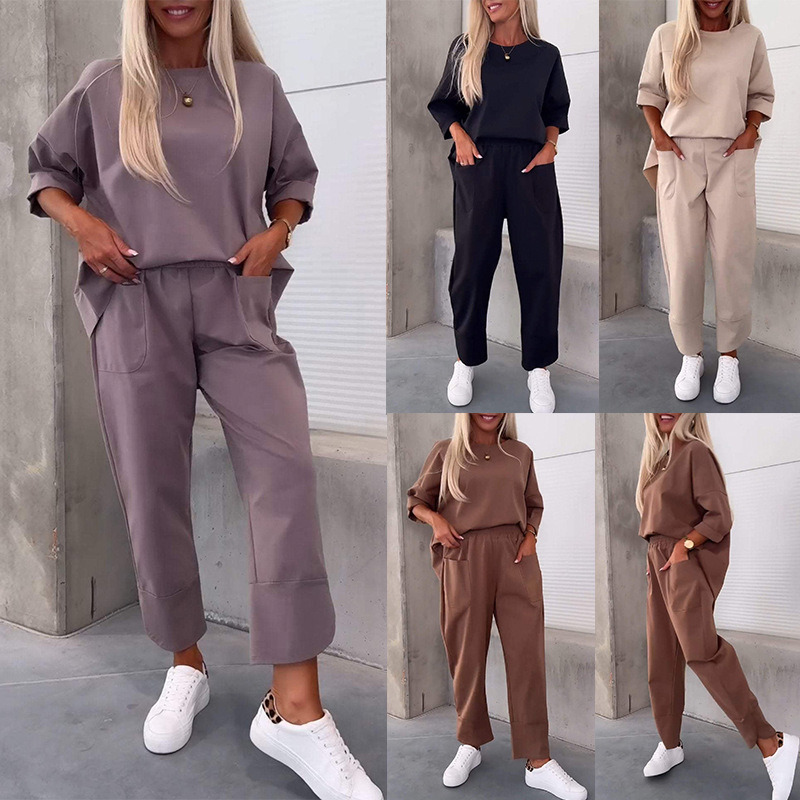 2024 Autumn Women's Loose Casual Two-Piece Solid Color Round Neck Cropped Pants Set For Women
