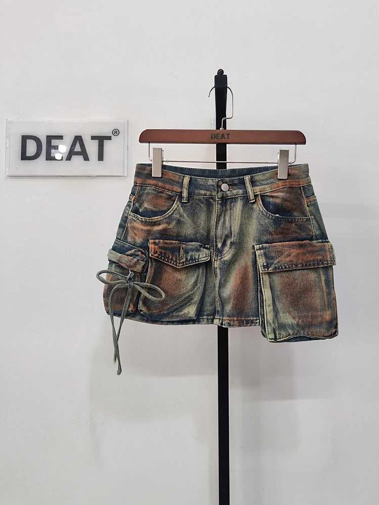 DEAT Womens Denim Skiing Co. Ltd. Pocket Patch Work Washing Strap Goods A-line Mini Skiing 2025 Spring New Style 29L3411XJ250320