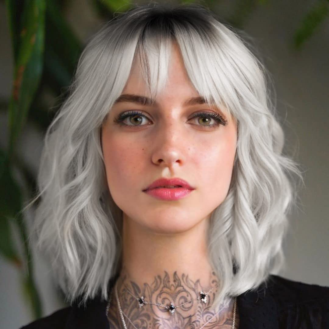 Short White Silver Wigs for Women Ombre Grey Wavy Bob Wig with Bangs Medium Length Synthetic Hair Water Wave Dark Roots Wig Gray Colorful Wigs