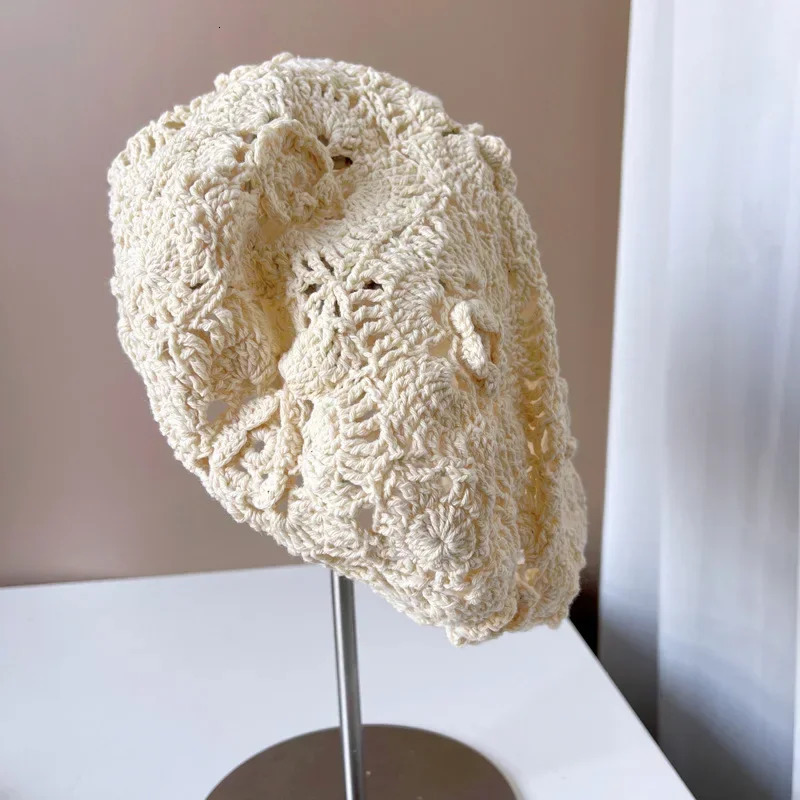 Ancient Hand Crochet Cotton Beanie Beret Women Summer Hollow Breathable Knitted Hat 3D Flower Painter Hat 250320