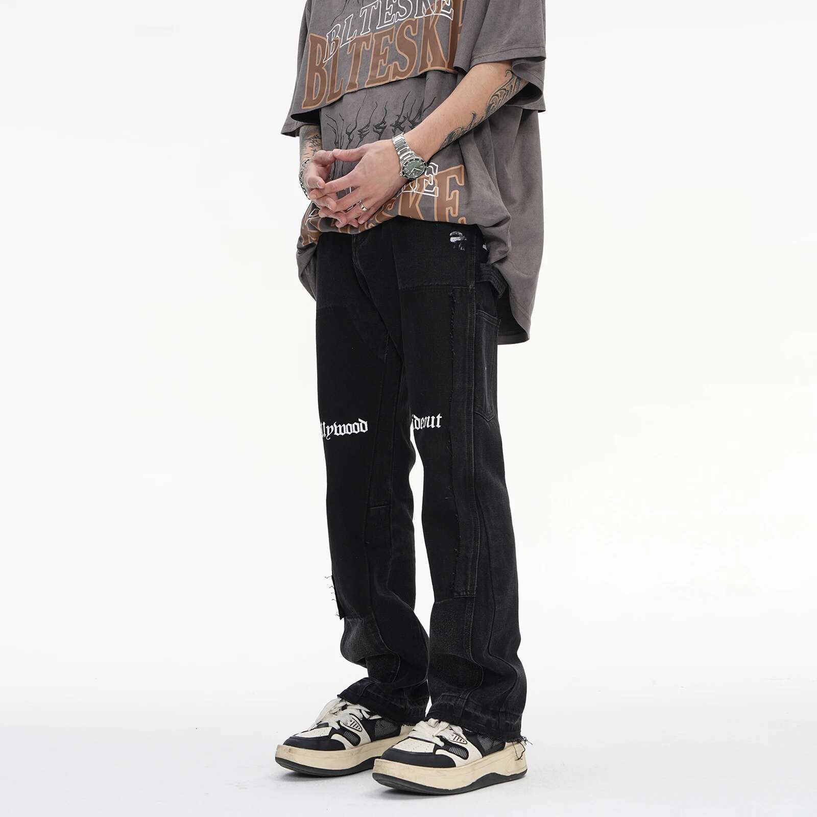 Designer Jeans Vintage Distressed Jeans Niche Design Green Graffiti Men's Horn Jeans Hip-hop Splashed Ink Y2k Street Wear Casual Slim Fit Men
