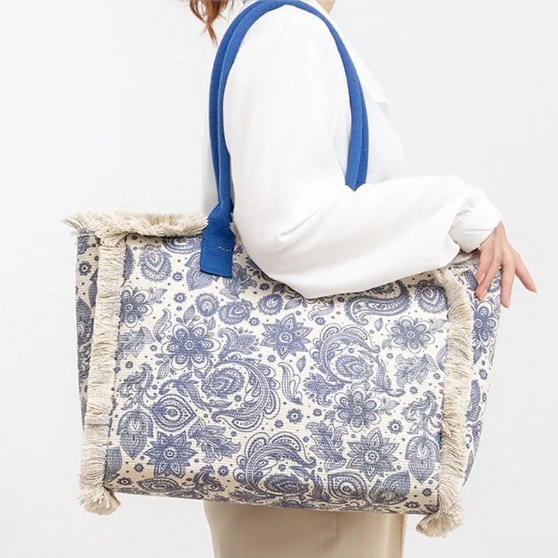 Bohemian Vintage Tote Bag European and American Fashion Canvas Shoulder Bag Large Capacity Zippered Handbag R250320
