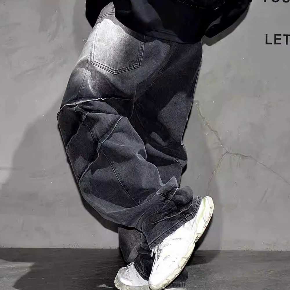 High quality black retro casual gradient cargo jeans streetwear straight leg jeans hip-hop jeans Kpop Trouser mensT250319