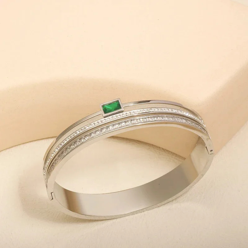 CARLIDANA High Quality Green White Rhinestone Deluxe Wide Bracelet Stainless Steel Waterproof for Women Bangle Party Jewelry 250320