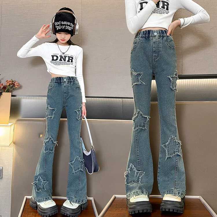 Spring and Autumn Teen Girls Jeans Children 5-14Y Star Design Flash Pants Childrens Retro High Waist Splicing Horseshoe TrouserT250326