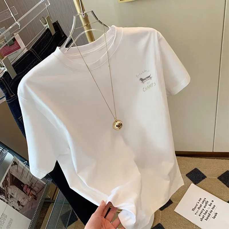 Womens white short sleeved cotton T-shirt womens spring and summer cotton loose design retro casual T-shirt top InsT250320