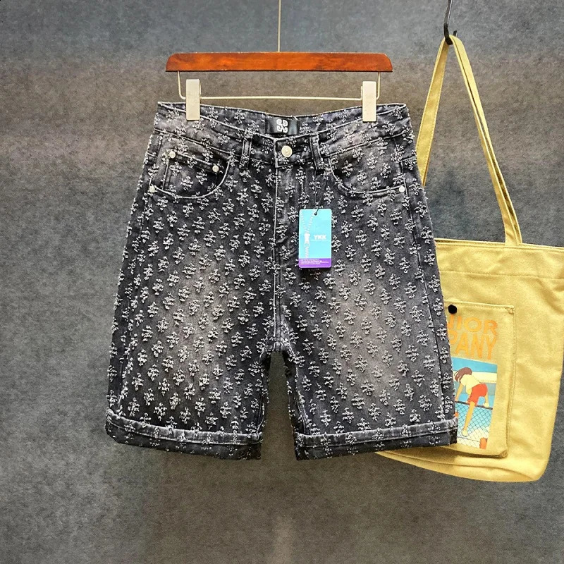 Mens five point pants 2024 loose straight wide leg perforated jacquard highend casual denim shorts 250319