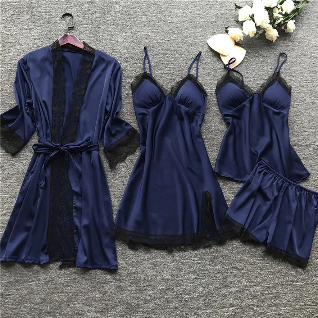 Lace Silk Pajamas Set Nightdress Sexy Lingerie Robe Women Sleepwear 4 Pieces Suits Sleeping Top And Shorts Femme Pijama Mujer Pj 250319