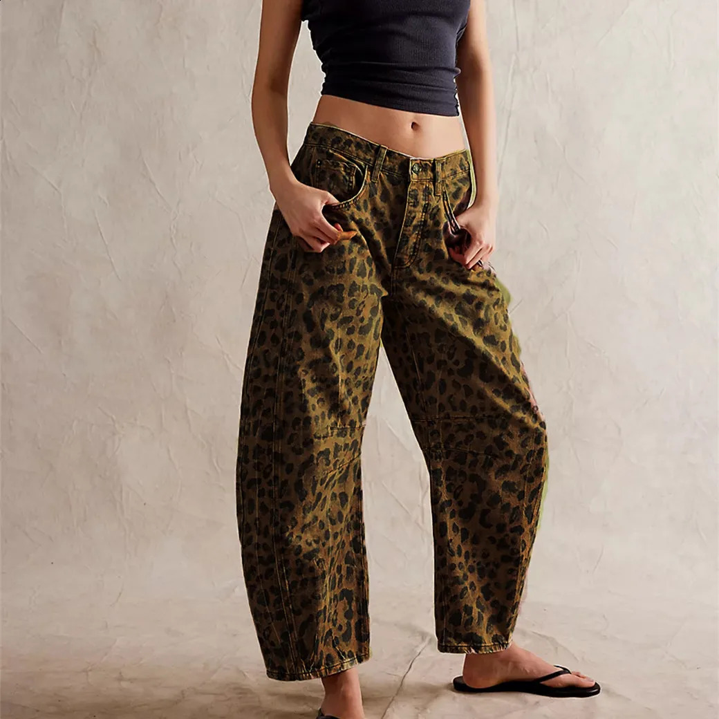 Women Leopard Barrel Jeans Y2k Cheetah Printed Baggy Boyfriend Jeans Mid Rise Wide Leg Denim Pants Horseshoe Jeans 250319