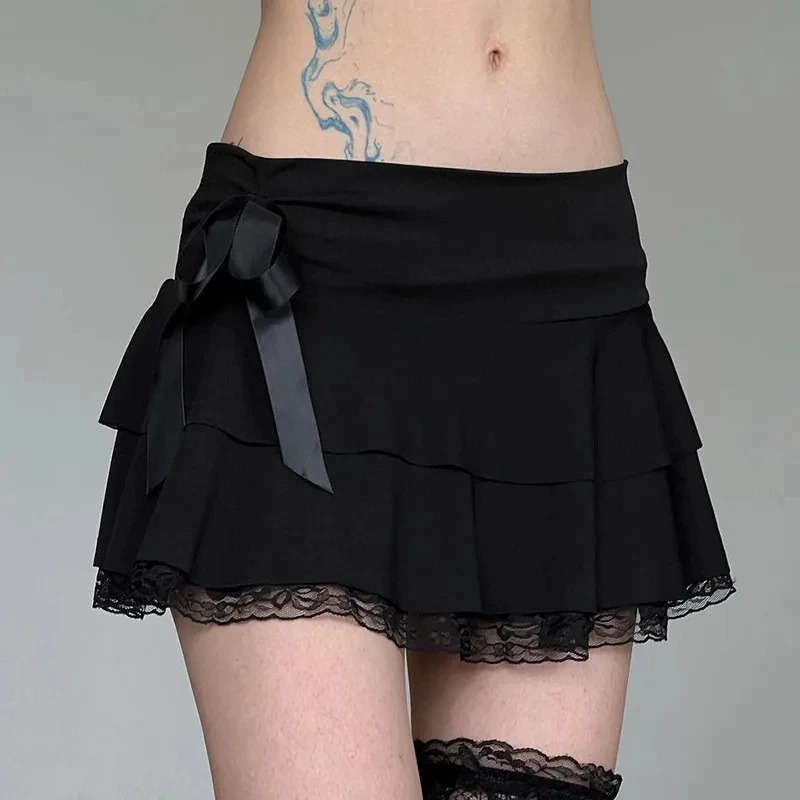 Lace up Patchwork Black Mini Skirt Matching Streetwear Sexy Club Party Skirts Trend Youthful sweet Y2K Womens Short Skirt 250320