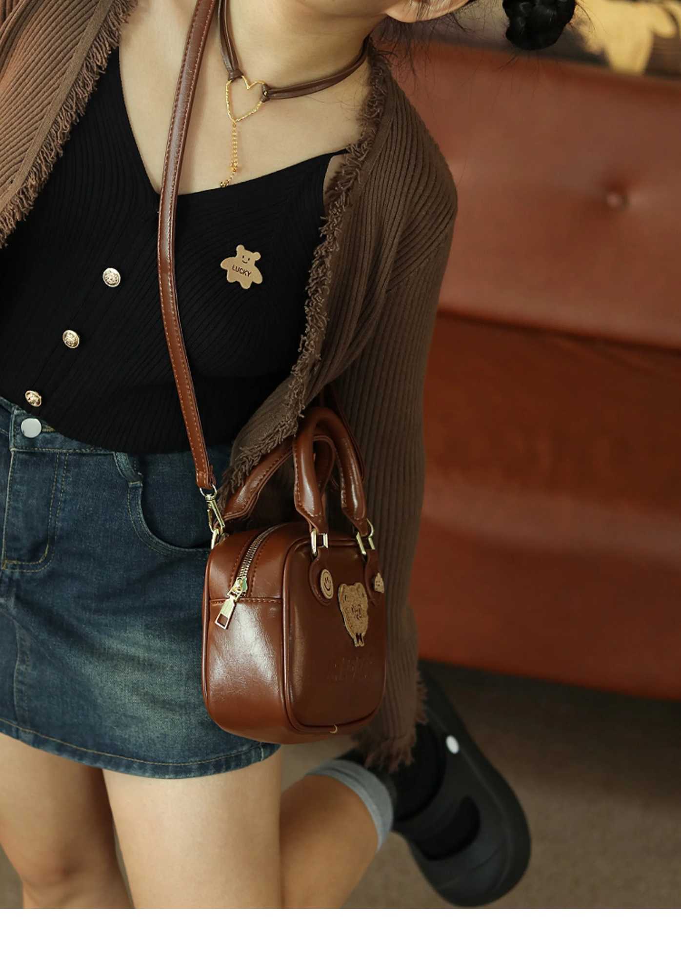 JIAERDI Harajuku Brown Messenger Bag Womens Retro Bear Embroidered Handle Cross Body Bag Womens Retro Cute Handbag Fashion Y250319