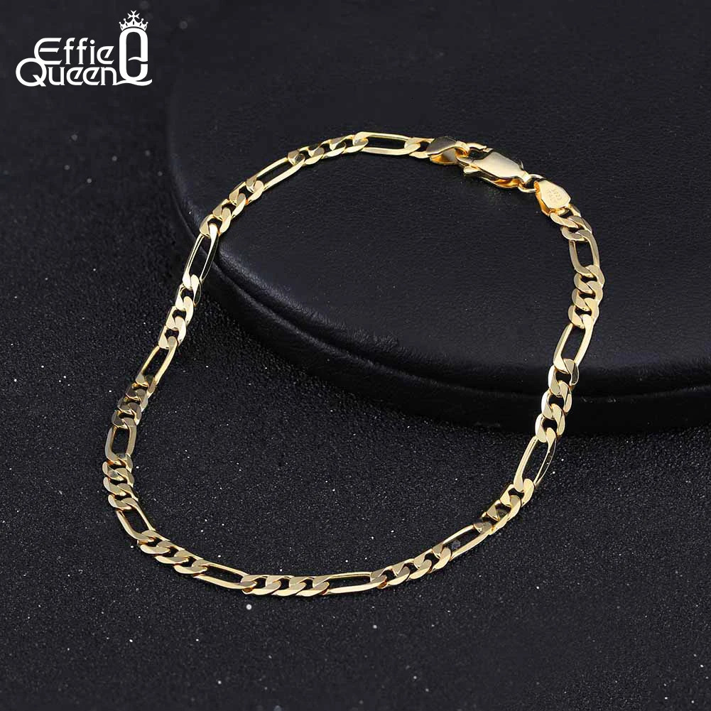 EFFIE QUEEN 14K Gold 925 Sterling Silver Diamond-Cut Figaro Round Snake Flexible Flat Link Chain Bracelet Unisex SB123 250318