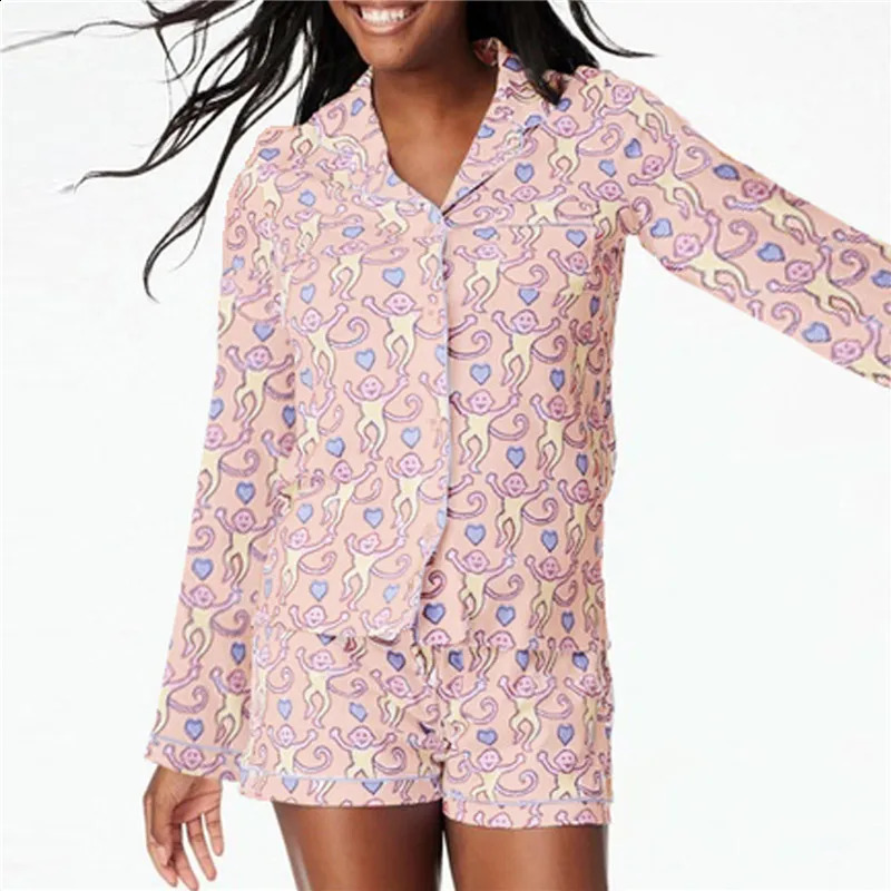 Y2k Monkey Pajamas for Women Hearts Printed Long Sleeve Roller Pants 2 Piece Set Rabbit Aesthetic Cute Preppy Pjs 250319