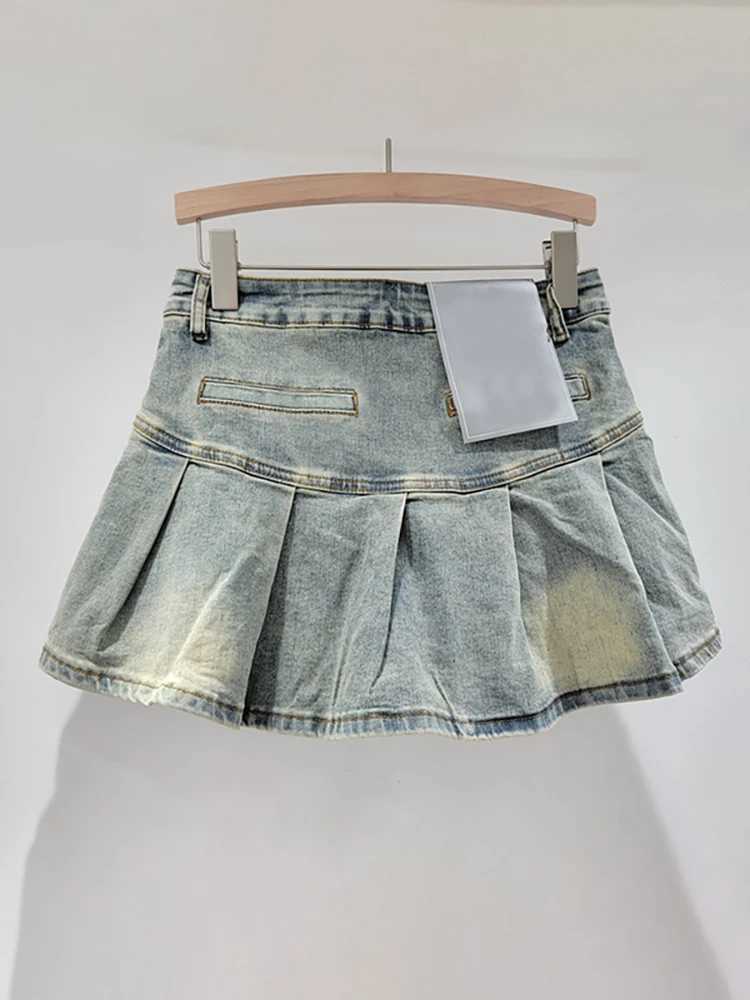 DEAT Womens Denim Skirts Patchwork Asymmetric Pockets Pleated A-line Short Cargo Miniskirt 2025 Spring New Fashion 29L6949XJ250320