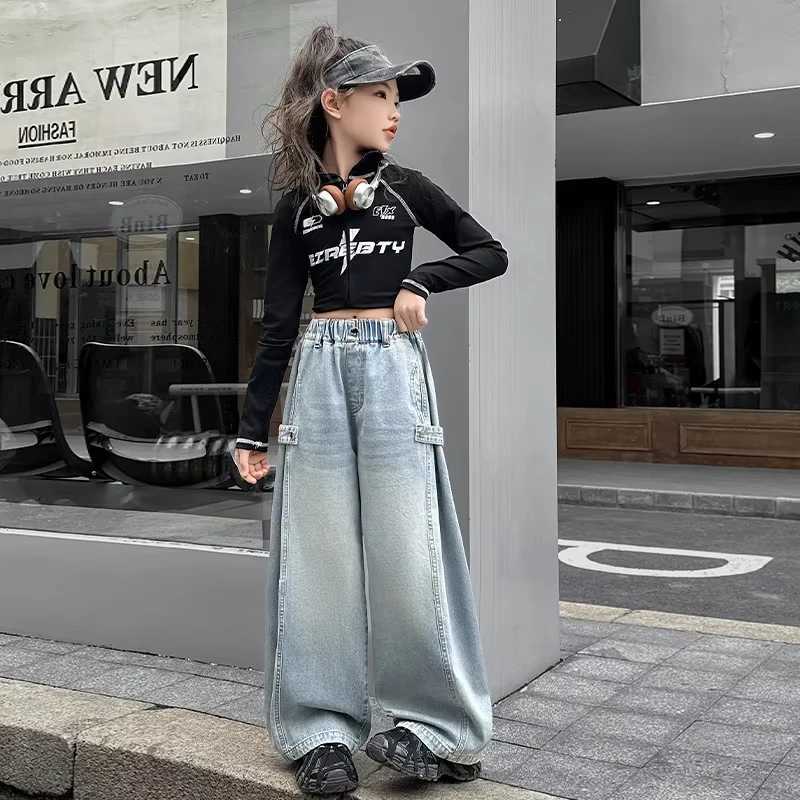 Spring New Teen Girls jeans high waisted wide leg pants casual style Trouser clothing loose fit for children Korean blue jeansT250326