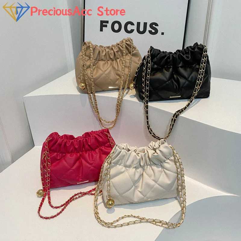 Fashionable pleated design plain Pu ten font womens bag casual chain shoulder strap bucket shoulder bag used for giving gifts Y250319