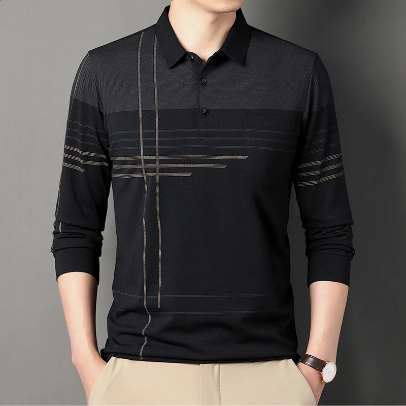 mens polo shirt long sleeved collar fashionable spring and summer thin casual loose top striped streetwear 250318