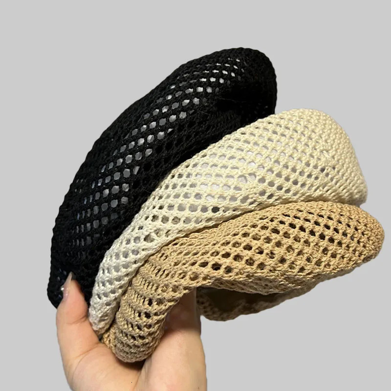 Hollow knitted breathable beret summer hat for women fashion simple casual painter hat travel versatile pumpkin cap mushroom hat 250320