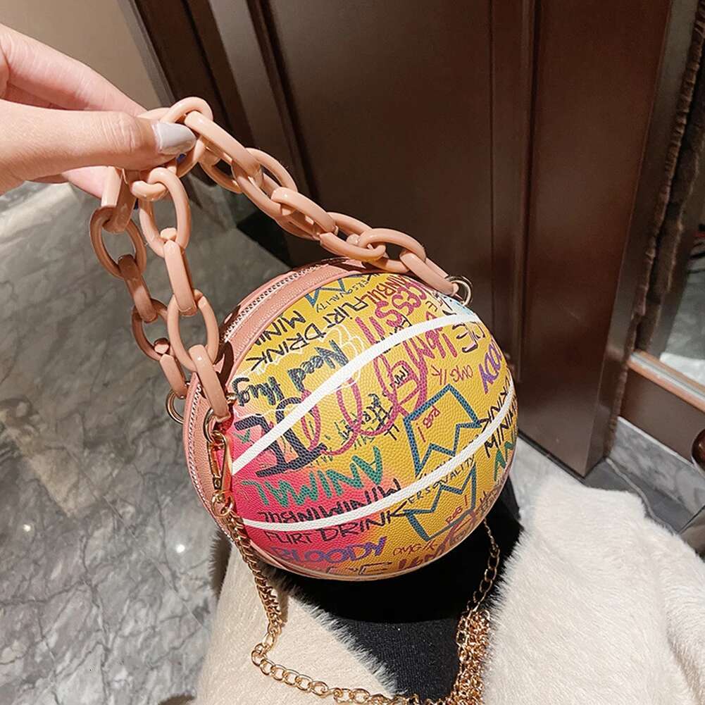2024 Women Personality Graffiti Round Ball Soft PU Leather Crossbody Acrylic Chain Handbags And Purses Female Basketball Bag