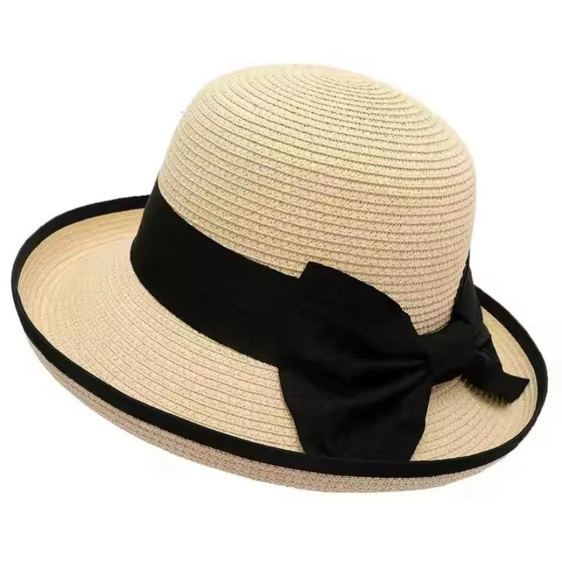 Spring Summer Woven Straw Hat Women Fashion Curled Edge Bow Fishing Hats for Travel Sun Protection Beach Sun Cap 250320