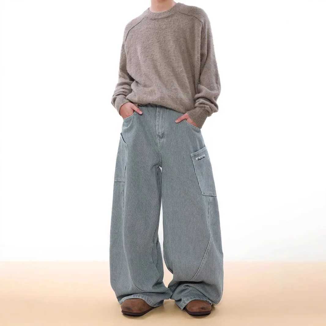 Retro letter embroidered blue striped mens jeans casual wide leg pants new spring summer autumn couple style American fashionT250319