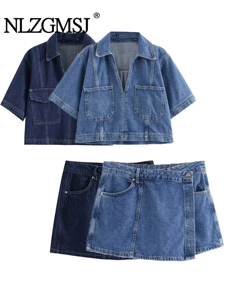 Summer denim twopiece set short sleeved pocket womens top mini skirt shorts fashionable casual Y2K 250320