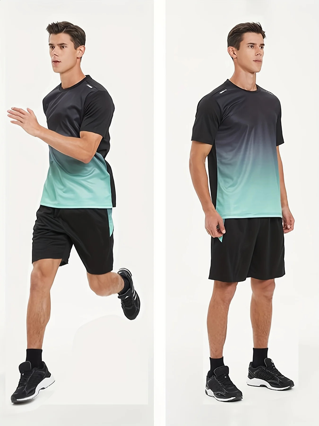 2-piece Mens Summer Basketball Training Running Outfit Set Gradient Short Sleeve T-shirt Quick-drying Shorts Set 250319