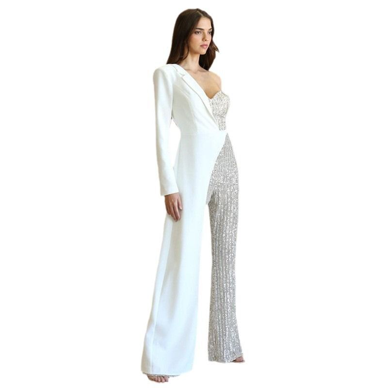 Women's Clothing New Women's Sier Spliced Sequined One Shoulder Fashion Sequined Jumpsuit