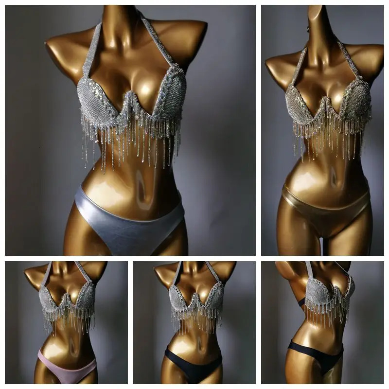 Diamond Fringe Bikini Summer Nightclub Fashion Backless Sequin Fringe Deep V Two-piece Burst Glitter Halter Bikini Set 250317