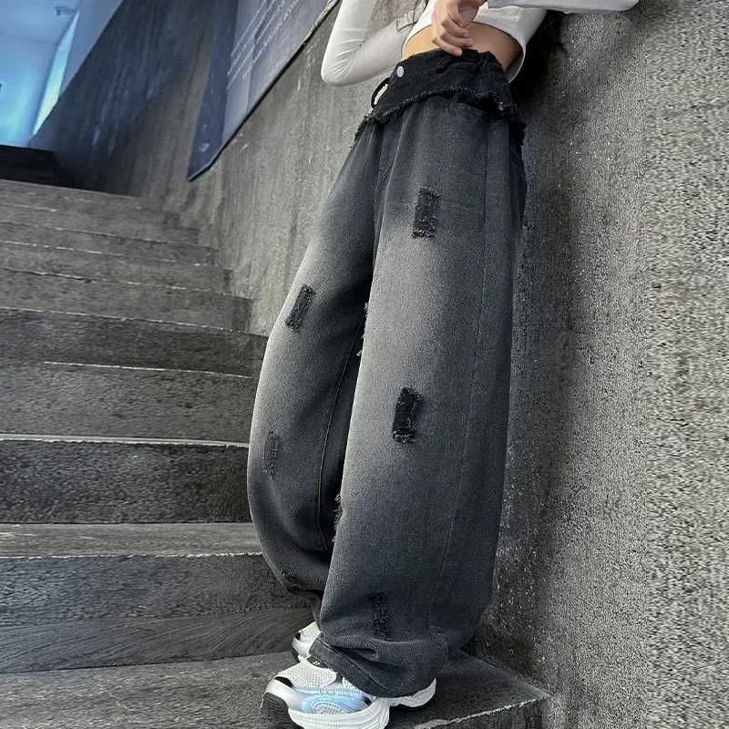 Girls fashionable brushed jeans retro tear stitched wide leg pants fashionable casual childrens straight pants for 5-14 years oldT250326