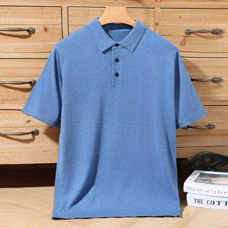Mens Short Sleeved Polo Collar T-Shirt Wool Silk Tees Pullover Knitted Shirt Casual Tops Monochromatic Spring Summer 250317