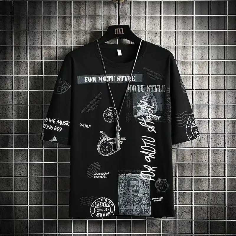 Summer Hong Kong Breeze Fashion Casual Printed Short Sleeve Round Neck Trend Mens Clothing Loose Simplicity Commute T-shirtT250319
