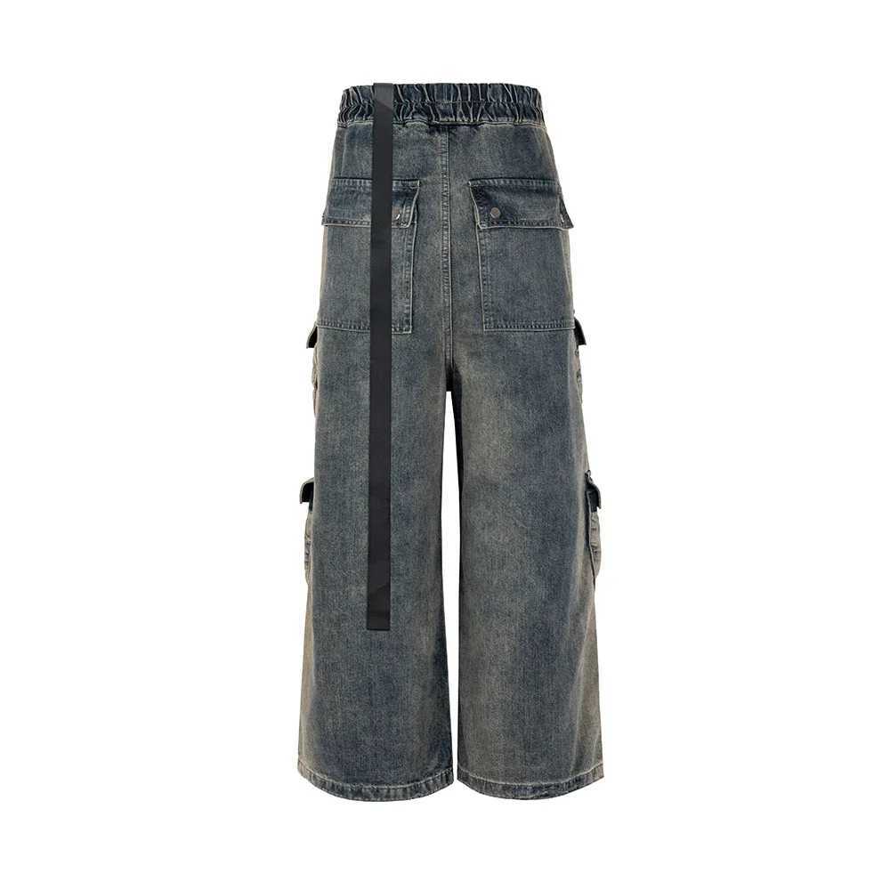 RO style gradient ribbon mens multi pocket drawstring jeans Harajuku streetwear bag Y2K denim typewriter oversized cargoT250319