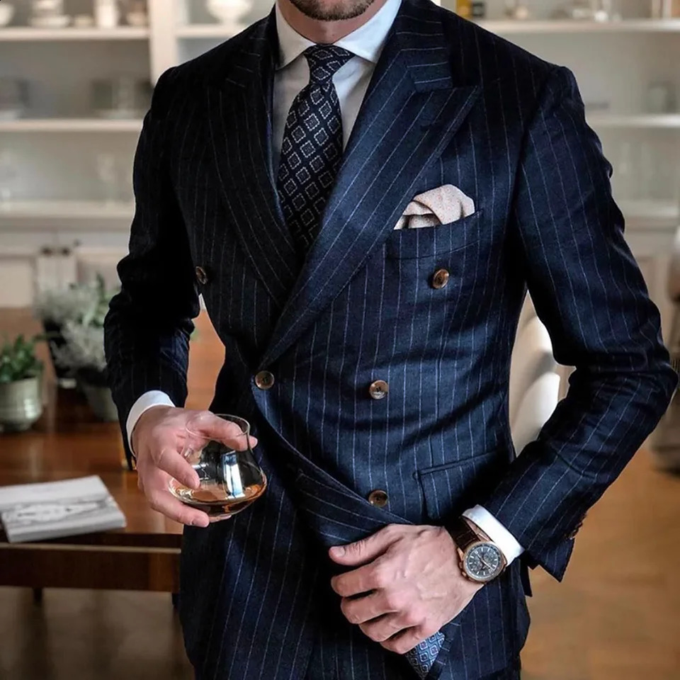 Navy Blue Striped Men Suits Fashion Lapel Double Breasted Male Blazer with Pants Formal Casual Wedding Tuxedo 2 Piece Slim 250311