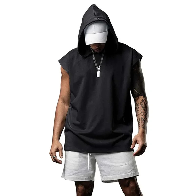 Mens Fitness Pullover Sports Casual Tank Top Sleeveless Hooded Vest Loose Top 250320