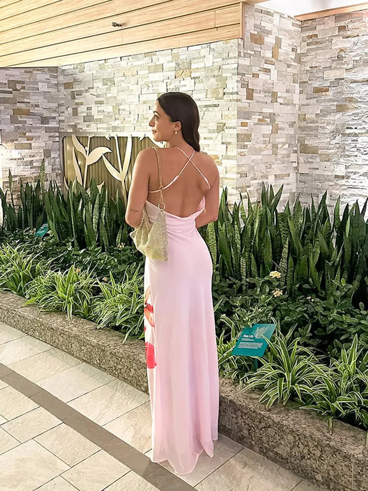 Sexy Women Printed Flower Pink Maxi Dress Fashion Halter Sleeveless Backless Long Robe Summer Female Beach Vacation Vestido 250319