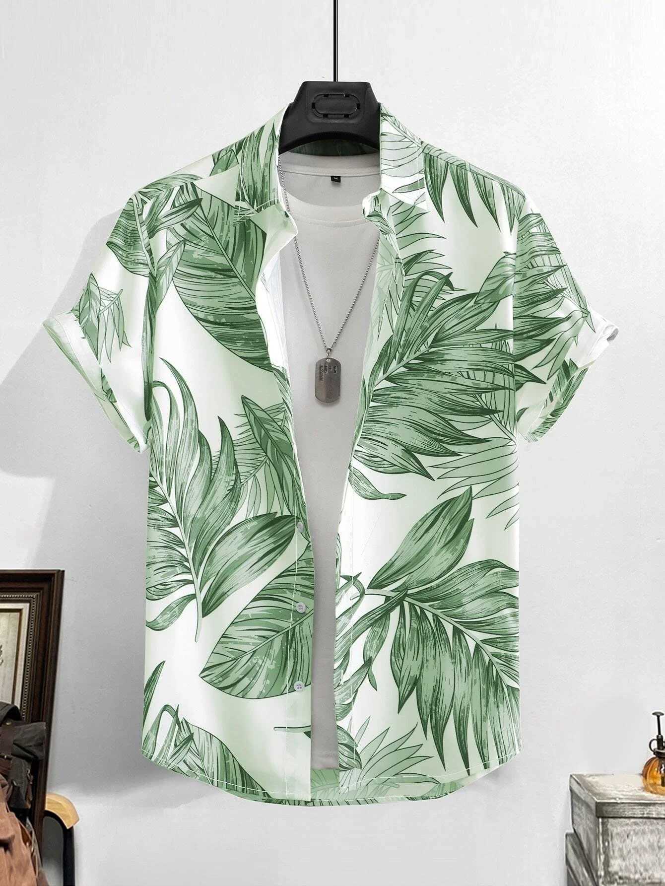 Leaf Tropical Mens Resort Hawaii 3D Printed Shirt Outdoor Vacation Beach Summer Lawn Short Sleeve Spandex Hawaiian Shirt M250320