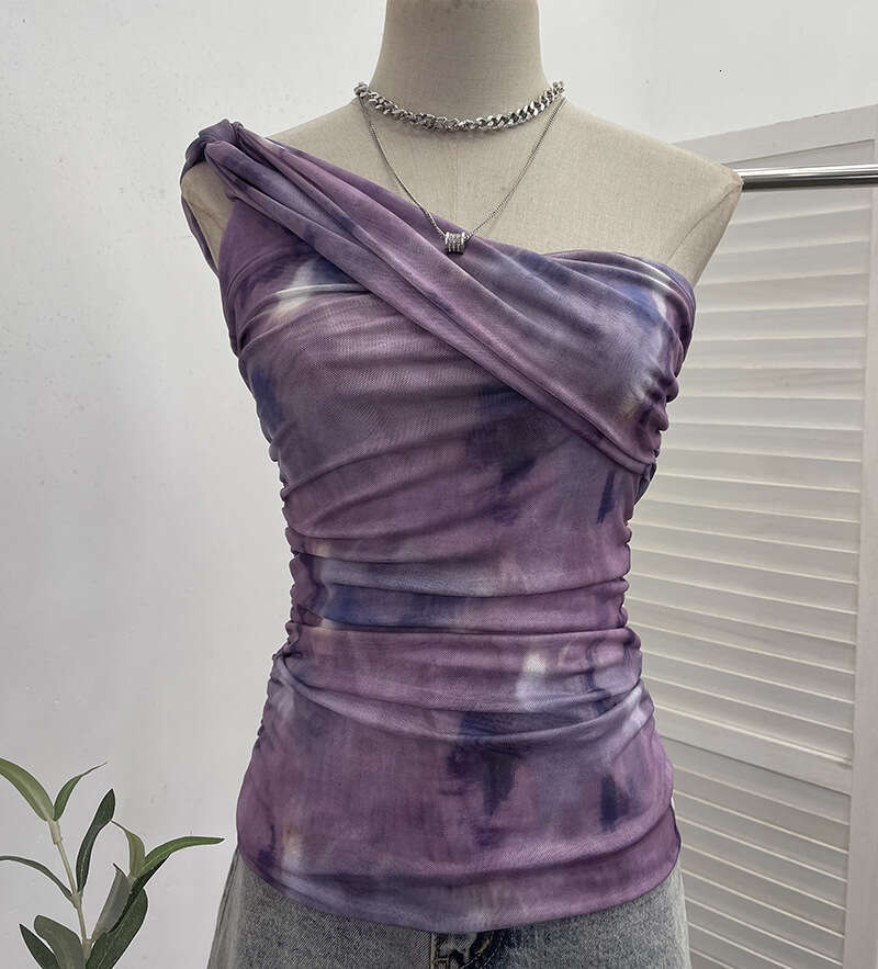 Oversized T Shirt Designer Top T Shirt Top Clothes Woman Clothes Mesh Printed Diagonal Shoulder Tank with Slim Fit and Pleated Temperament Short Top 8