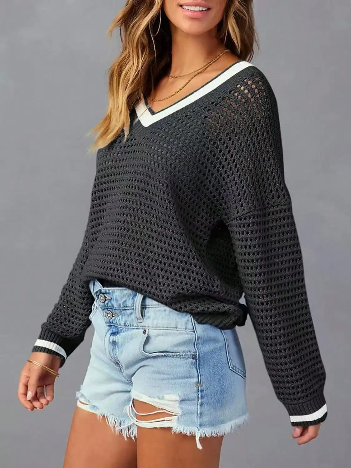 Womens V Neck Long-Sleeved Tennis Sweater Casual Crochet Knitted Top Pullover Beach Cover-Up 250320