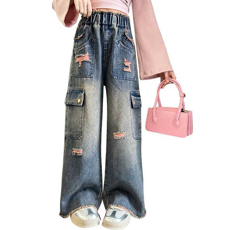 Girls heavy industrial retro denim top with Western style large pocket design wide leg pants for children childrens top 5-15T250326