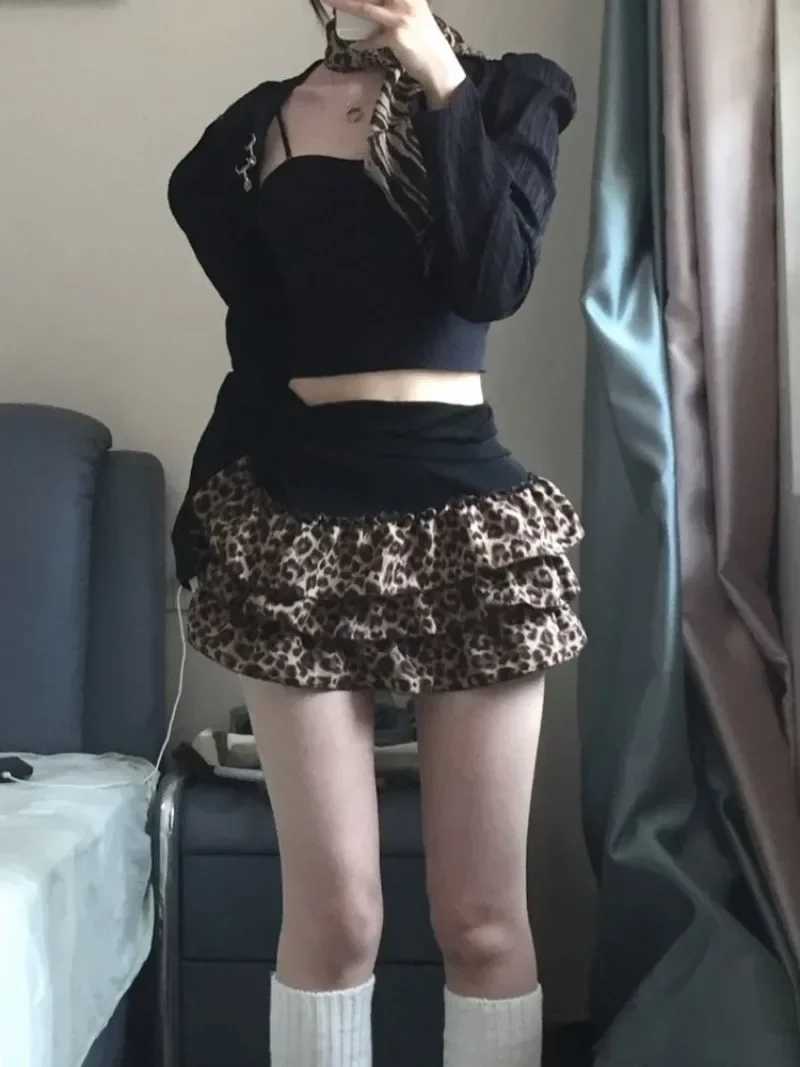 Summer Y2k womens leopard skin sexy womens chiffon mini skirt layered short mini skirt 2000s expression girl A-line skiing 2024XJ250320