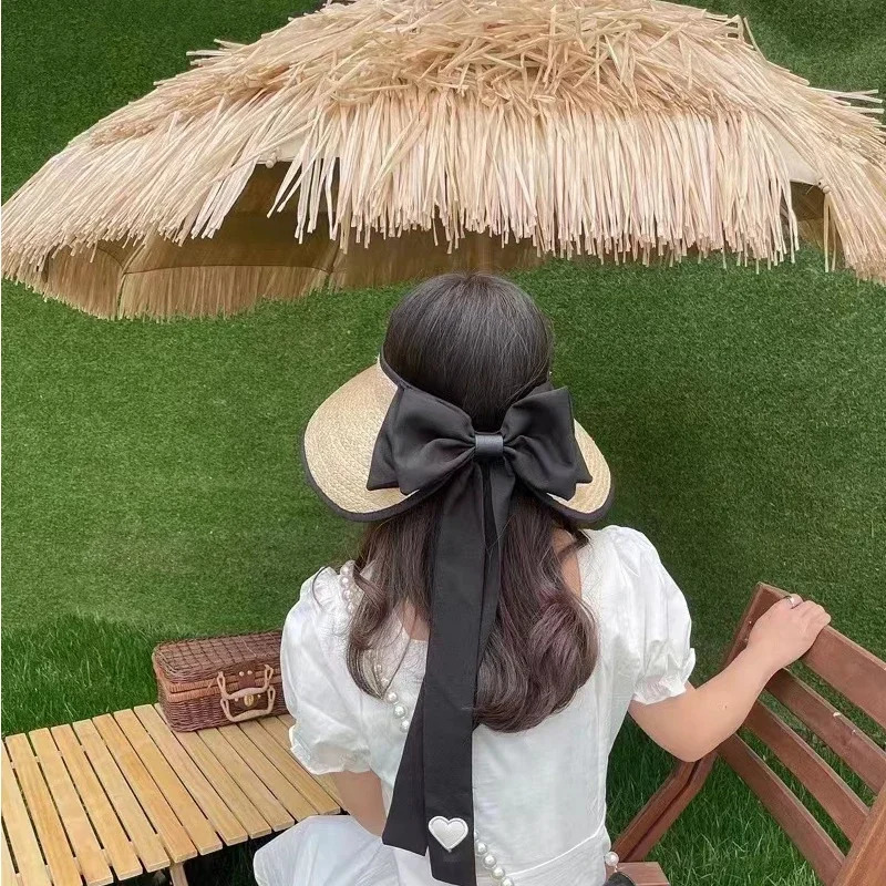 Korean Style Large Edge Empty Top Wine Rafia Straw Hat Womens Bow Summer Outdoor Anti-UV Sports Beach Sun Hat Wholesale 250320