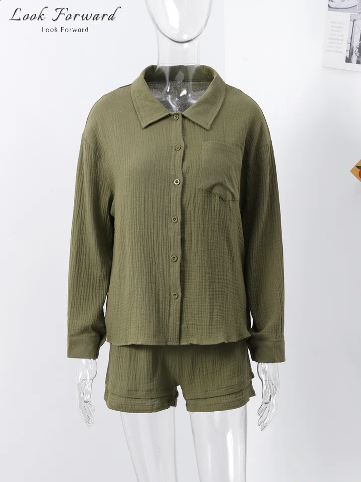 Casual Shirt Shorts Suit Women Spring Summer Buttons Blouses Lace up Above Knee Pants Set Lady Full Sleeve Sets Female Home Wear 250318